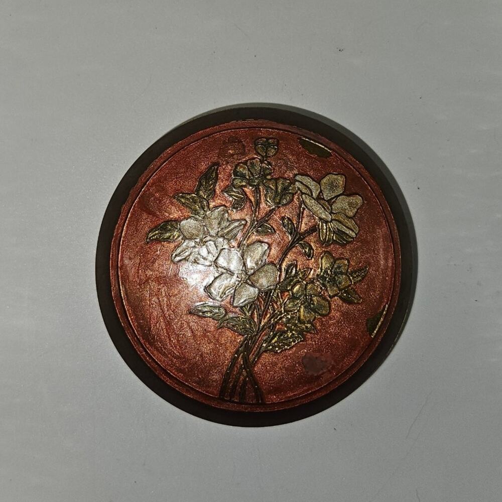 Vintage Brass Trinket Box Floral Enamel Lid Round Jewelry Box